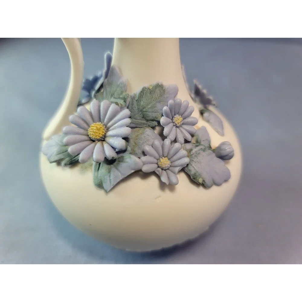 Blue Ewer Flowers Bud Vase Vintage Raised White Ceramic Applied Decoration